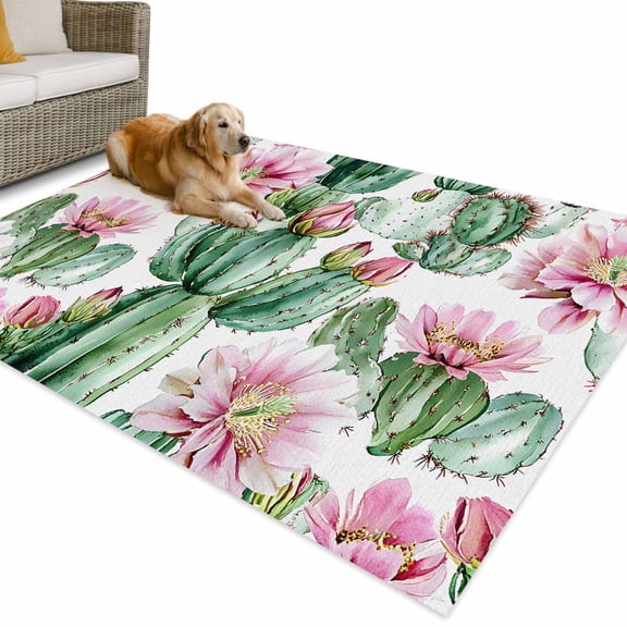 Outdoor Rug 4x6 ft Botanical Floral Waterproof Outdoor Patio Rug Mat Non Slip Outside Area Rugs Carpet for RV,Camping,Porch,Deck,Pool,Balconybackyard,Cactus Succulent Desert Green Pink