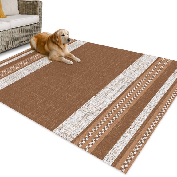 Outdoor Rug 4x6 ft Brown Linen Stripes Waterproof Outdoor Patio Rug Mat Non Slip Outside Area Rugs Carpet for RV,Camping,Porch,Deck,Pool,Balcony,Backyard, Striped Lines Textured