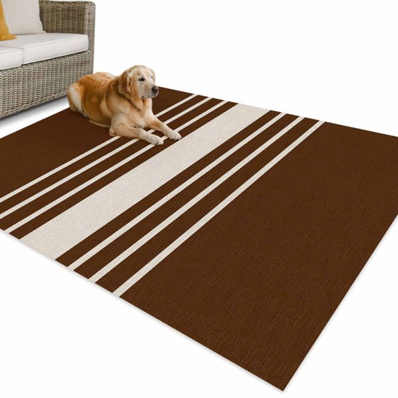 Outdoor Rug 4x6 ft Brown Vertical Stripes Waterproof Outdoor Patio Rug Mat Non Slip Outside Area Rugs Carpet for RV,Camping,Porch,Deck,Pool,Balcony,Backyard, Classic Striped Linen