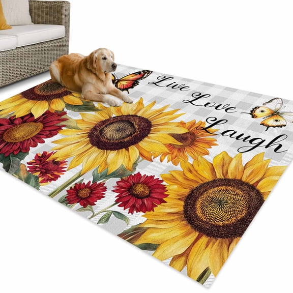 Outdoor Rug 4x6 ft Butterfly Sunflower Waterproof Outdoor Patio Rug Mat Non Slip Outside Area Rugs Carpet for RV,Camping,Porch,Deck,Pool,Balconybackyard,Live Love Laugh Grey Plaid