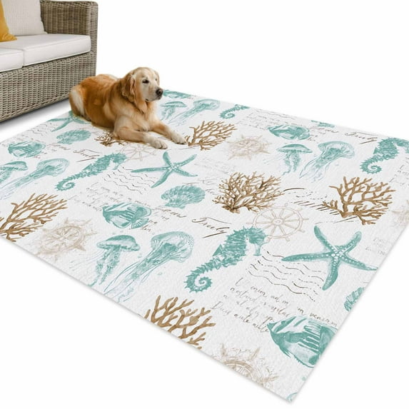 Outdoor Rug 4x6 ft Coastal Nautical Waterproof Outdoor Patio Rug Mat Non Slip Outside Area Rugs Carpet for RV,Camping,Porch,Deck,Pool,Balconybackyard,Seahorse Coral Starfish Shell Aqua Brown