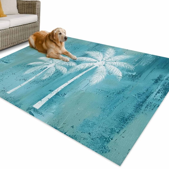 Outdoor Rug 4x6 ft Coconut Palm Tree Waterproof Outdoor Patio Rug Mat Non Slip Outside Area Rugs Carpet for RV,Camping,Porch,Deck,Pool,Balcony,Backyard, Teal Tropical Summer Beach