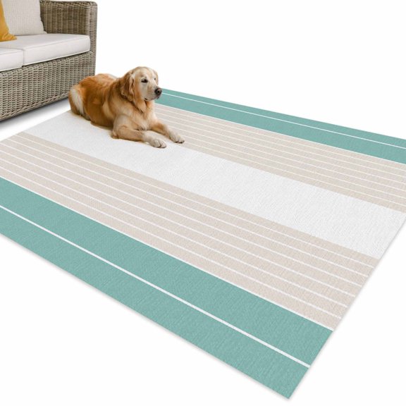 Outdoor Rug 4x6 ft Cream Striped Waterproof Outdoor Patio Rug Mat Non Slip Outside Area Rugs Carpet for RV,Camping,Porch,Deck,Pool,Balcony,Backyard, Ombre Teal Stripes