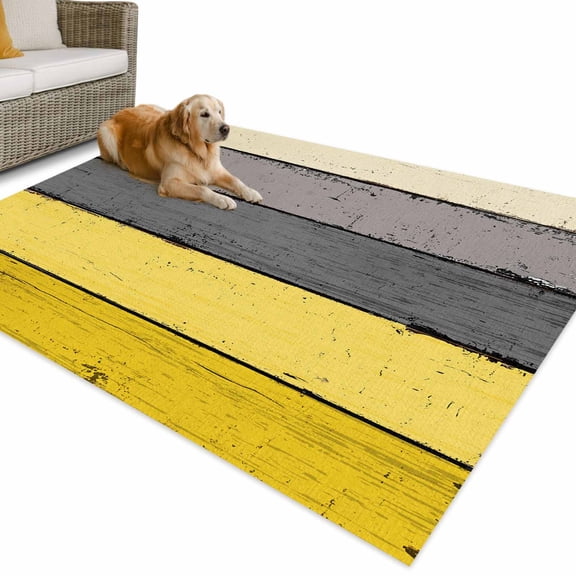 Outdoor Rug 4x6 ft Farmhouse Rustic Wood Texture Waterproof Outdoor Patio Rug Mat Non Slip Outside Area Rugs Carpet for RV,Camping,Porch,Deck,Pool,Balconybackyard,Yellow Grey