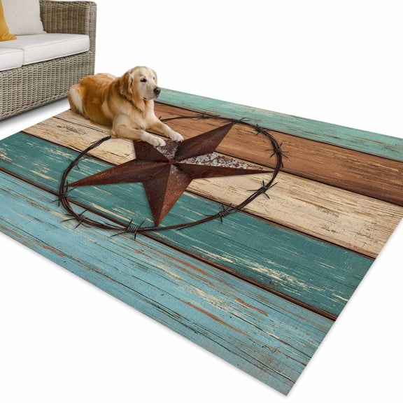 Outdoor Rug 4x6 ft Farmhouse Waterproof Outdoor Patio Rug Mat Non Slip Outside Area Rugs Carpet for RV,Camping,Porch,Deck,Pool,Balconybackyard,Vintage Wood Texture Barn Star Turquoise Brown