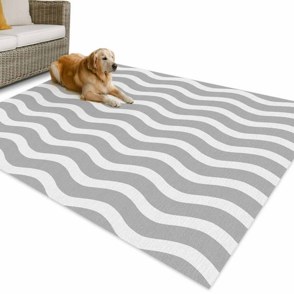Outdoor Rug 4x6 ft Geometric Striped Pattern Waterproof Outdoor Patio Rug Mat Non Slip Outside Area Rugs Carpet for RV,Camping,Porch,Deck,Pool,Balconybackyard,Dark Gray White Wave Pattern