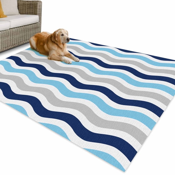 Outdoor Rug 4x6 ft Geometric Striped Pattern Waterproof Outdoor Patio Rug Mat Non Slip Outside Area Rugs Carpet for RV,Camping,Porch,Deck,Pool,Balconybackyard,Navy Blue Grey White Wave Pattern