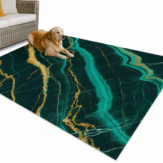 Outdoor Rug 4x6 ft Green Abstract Marble Texture Waterproof Outdoor Patio Rug Mat Non Slip Outside Area Rugs Carpet for RV,Camping,Porch,Deck,Pool,Balconybackyard,Gold Lines Cracks