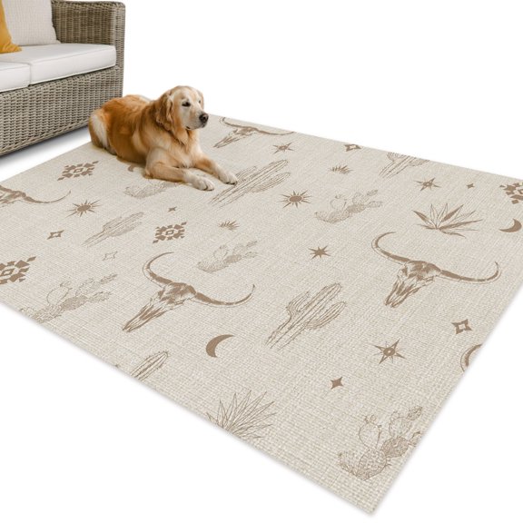 Outdoor Rug 4x6 ft Longhorn Skull Waterproof Outdoor Patio Rug Mat Non Slip Outside Area Rugs Carpet for RV,Camping,Porch,Deck,Pool,Balcony,Backyard, Bohemian Sunburst Stars Desert Cactus