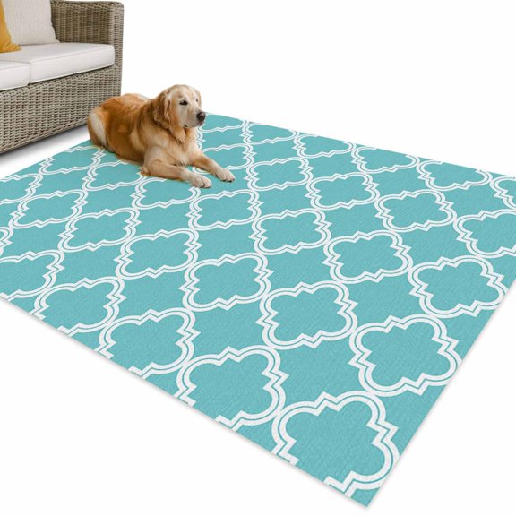 Outdoor Rug 4x6 ft Moroccan Pattern Waterproof Outdoor Patio Rug Mat Non Slip Outside Area Rugs Carpet for RV,Camping,Porch,Deck,Pool,Balcony,Backyard, Geometric Trellis Cyan Blue
