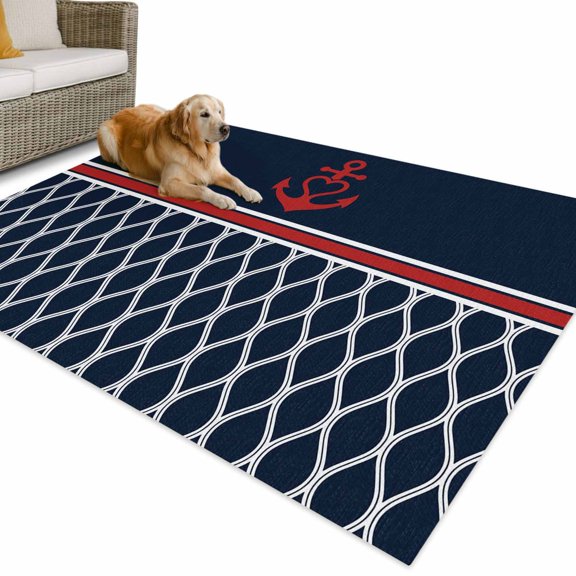 Outdoor Rug 4x6 ft Nautical Anchor Waterproof Outdoor Patio Rug Mat Non Slip Outside Area Rugs Carpet for RV,Camping,Porch,Deck,Pool,Balcony,Backyard, Moroccan Geometric Navy Blue