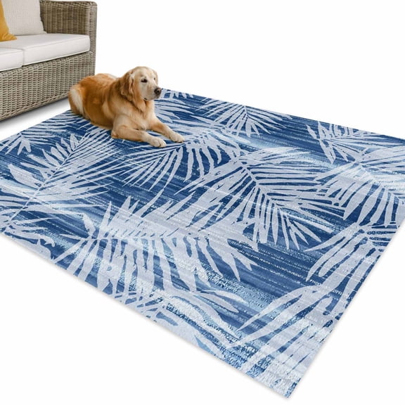 Outdoor Rug 4x6 ft Navy Blue Palm Leaves Waterproof Outdoor Patio Rug Mat Non Slip Outside Area Rugs Carpet for RV,Camping,Porch,Deck,Pool,Balcony,Backyard, Summer Beach Tropical Tree Leaf