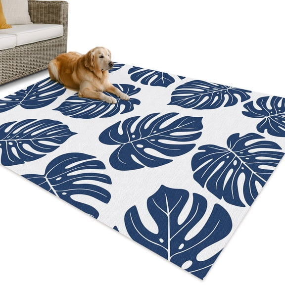 Outdoor Rug 4x6 ft Navy Blue Palm Leaves Waterproof Outdoor Patio Rug Mat Non Slip Outside Area Rugs Carpet for RV,Camping,Porch,Deck,Pool,Balcony,Backyard, Tropical Monstera Leaf Plant