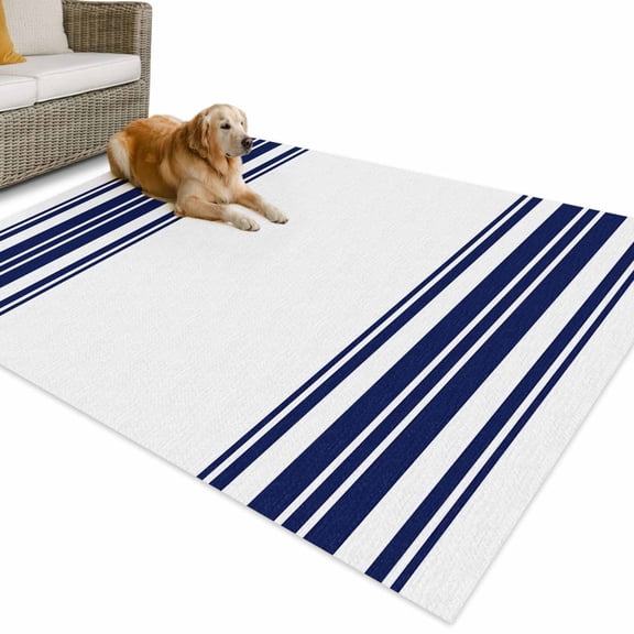 Outdoor Rug 4x6 ft Navy Blue Stripes Waterproof Outdoor Patio Rug Mat Non Slip Outside Area Rugs Carpet for RV,Camping,Porch,Deck,Pool,Balcony,Backyard, White Vertical Striped