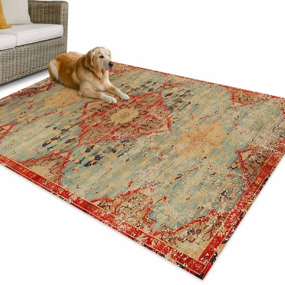 Outdoor Rug 4x6 ft Orange Blue Boho Floral Waterproof Outdoor Patio Rug Mat Non Slip Outside Area Rugs Carpet for RV,Camping,Porch,Deck,Pool,Balconybackyard,Medieval Vintage Texture