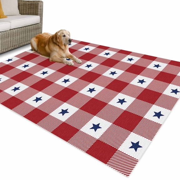 Outdoor Rug 4x6 ft Patriotic Americana Star Gingham Plaid Waterproof Outdoor Patio Rug Mat Non Slip Outside Area Rugs Carpet for RV,Camping,Porch,Deck,Pool,Balconybackyard,Red/White/Blue