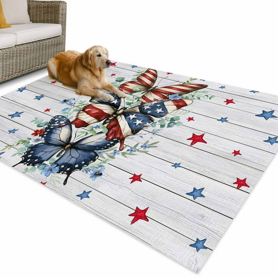 Outdoor Rug 4x6 ft Patriotic Butterfly 4th of July Waterproof Outdoor Patio Rug Mat Non Slip Outside Area Rugs Carpet for RV,Camping,Porch,Deck,Pool,Balconybackyard,Farmouse Red Blue Stars