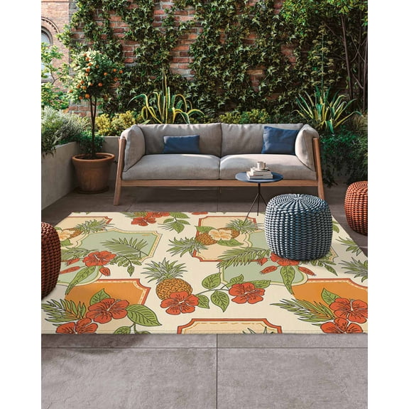 Outdoor Rug 4x6 ft Pineapple Outdoor Large Area Rug Non Slip Rubber Tropical Fruit Palm Leaves Front Door Mat RV Rug Camping Carpet Patio Outdoor Rugs for Backyard Balcony Deck Porch Indoor Outside