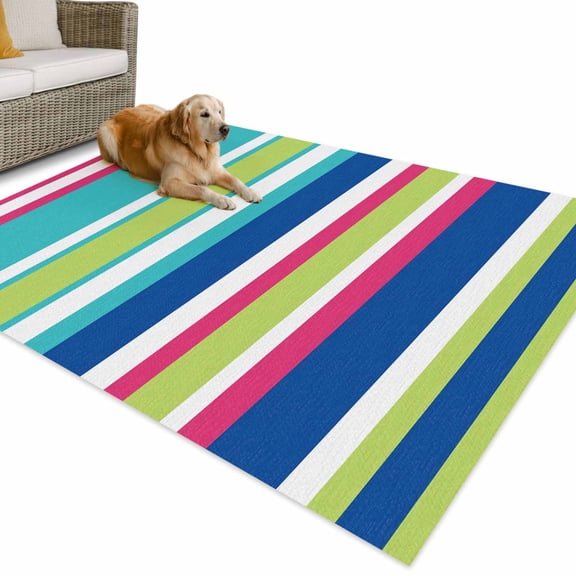 Outdoor Rug 4x6 ft Pink Blue Green Stripes Waterproof Outdoor Patio Rug Mat Non Slip Outside Area Rugs Carpet for RV,Camping,Porch,Deck,Pool,Balcony,Backyard, Vertical Striped Lines