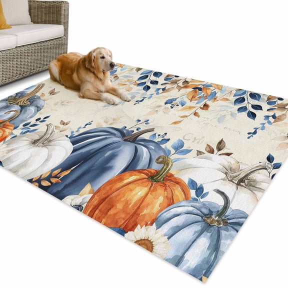 Outdoor Rug 4x6 ft Retro Fall Thanksgiving Waterproof Outdoor Patio Rug Mat Non Slip Outside Area Rugs Carpet for RV,Camping,Porch,Deck,Pool,Balconybackyard,Blue White Orange Boho Pumpkin