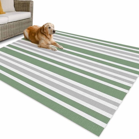 Outdoor Rug 4x6 ft Sage Green Grey Stripes Waterproof Outdoor Patio Rug Mat Non Slip Outside Area Rugs Carpet for RV,Camping,Porch,Deck,Pool,Balcony,Backyard, Contrast Striped
