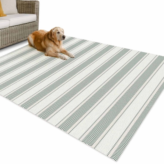 Outdoor Rug 4x6 ft Sage Green Stripes Waterproof Outdoor Patio Rug Mat Non Slip Outside Area Rugs Carpet for RV,Camping,Porch,Deck,Pool,Balcony,Backyard, Vertical Striped Line