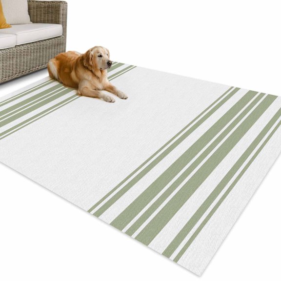 Outdoor Rug 4x6 ft Sage Green Stripes Waterproof Outdoor Patio Rug Mat Non Slip Outside Area Rugs Carpet for RV,Camping,Porch,Deck,Pool,Balcony,Backyard, White Vertical Striped