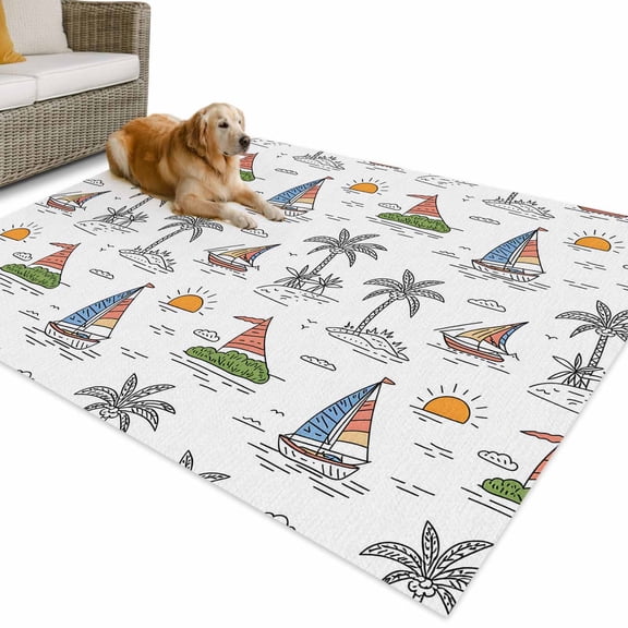 Outdoor Rug 4x6 ft Sailing Surfing Waterproof Outdoor Patio Rug Mat Non Slip Outside Area Rugs Carpet for RV,Camping,Porch,Deck,Pool,Balcony,Backyard, Tropical Palm Trees
