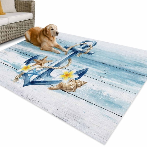 Outdoor Rug 4x6 ft Starfish Floral Nautical Anchor Waterproof Outdoor Patio Rug Mat Non Slip Outside Area Rugs Carpet for RV,Camping,Porch,Deck,Pool,Balcony,Backyard, Rustic Blue Wood Grain