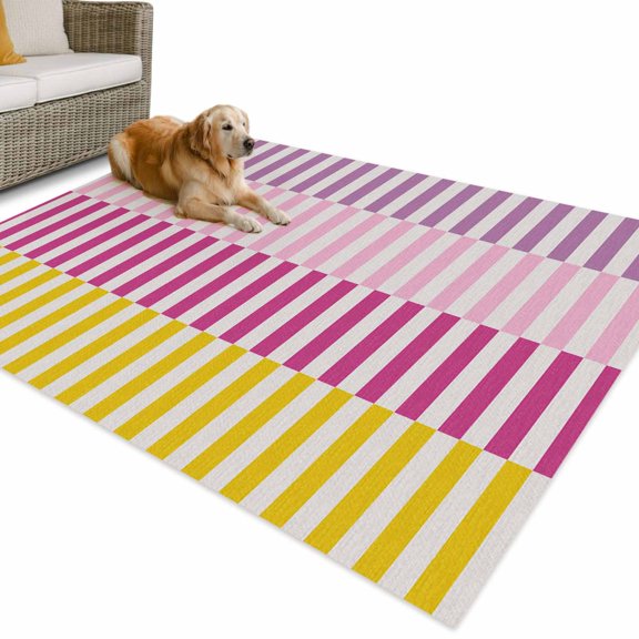 Outdoor Rug 4x6 ft Stripes Lines Waterproof Outdoor Patio Rug Mat Non Slip Outside Area Rugs Carpet for RV,Camping,Porch,Deck,Pool,Balcony,Backyard, Pink Purple Yellow Striped
