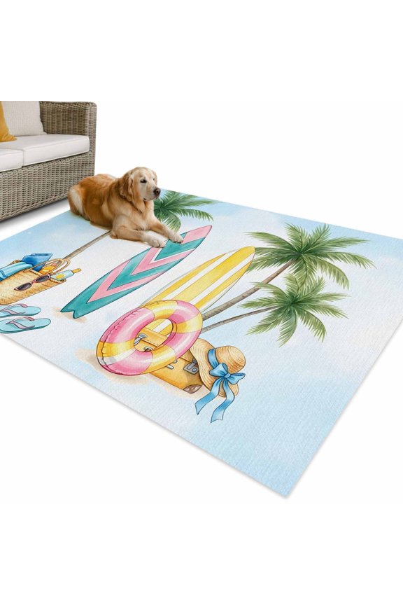 Outdoor Rug 4x6 ft Summer Palm Trees Waterproof Outdoor Patio Rug Mat Non Slip Outside Area Rugs Carpet for RV,Camping,Porch,Deck,Pool,Balcony,Backyard, Beach Hat Bag Surfboard