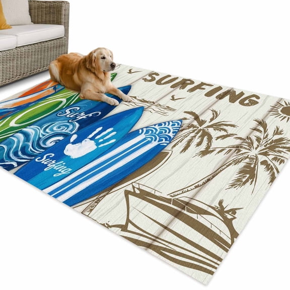 Outdoor Rug 4x6 ft Summer Surfing Waterproof Outdoor Patio Rug Mat Non Slip Outside Area Rugs Carpet for RV,Camping,Porch,Deck,Pool,Balcony,Backyard, Beach Palm Tree Wood Grain
