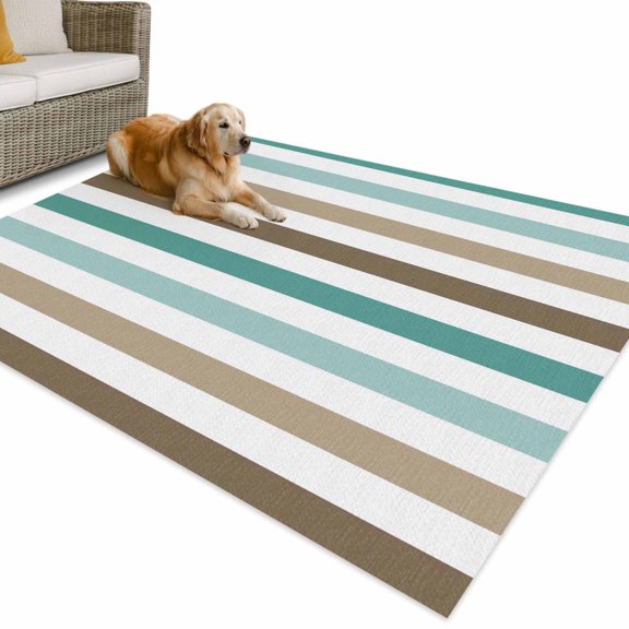 Outdoor Rug 4x6 ft Teal Brown Stripes Waterproof Outdoor Patio Rug Mat Non Slip Outside Area Rugs Carpet for RV,Camping,Porch,Deck,Pool,Balcony,Backyard, Blue Green Classic Striped