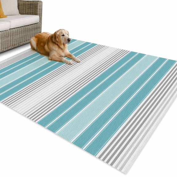 Outdoor Rug 4x6 ft Turquoise Vertical Stripes Waterproof Outdoor Patio Rug Mat Non Slip Outside Area Rugs Carpet for RV,Camping,Porch,Deck,Pool,Balcony,Backyard, Ombre Striped