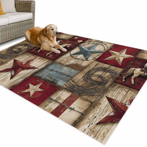 Outdoor Rug 4x6 ft Western Farmhouse Waterproof Outdoor Patio Rug Mat Non Slip Outside Area Rugs Carpet for RV,Camping,Porch,Deck,Pool,Balconybackyard,Vintage Wood Texture Barn Star Red Gray