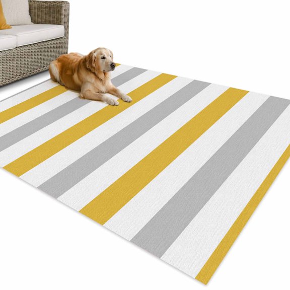 Outdoor Rug 4x6 ft Yellow Grey Striped Waterproof Outdoor Patio Rug Mat Non Slip Outside Area Rugs Carpet for RV,Camping,Porch,Deck,Pool,Balcony,Backyard, Vertical Stripes