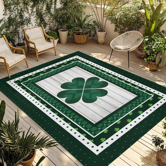 Outdoor Rug 4x6ft Celtic Lucky Clovers Check with Dot Border Large Patio Mats Irish St. Patrick''s Day Area Rug Non Shedding Carpet for Patio Backyard Porch Deck Camping Indoor Living Room