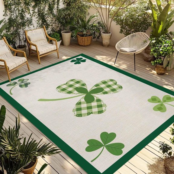 Outdoor Rug 4x6ft Green Plaid Clovers Lucky Shamrocks Large Patio Mats St. Patrick''s Day Area Rug Non Shedding Carpet for Patio Backyard Porch Deck Camping Indoor Living Room