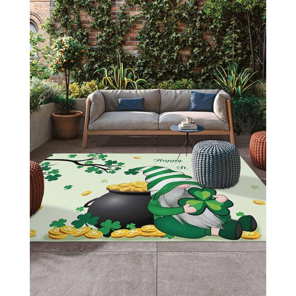 Outdoor Rug 4x6ft, Happy St Patrick Day Dwarf Clovers Coin Indoor Area Rug for Patio Backyard Deck Large Floor Mat, Lucky Leaf on Green Non-Slip Outside Carpet Balcony Porch Camping Rugs Picnic Mat