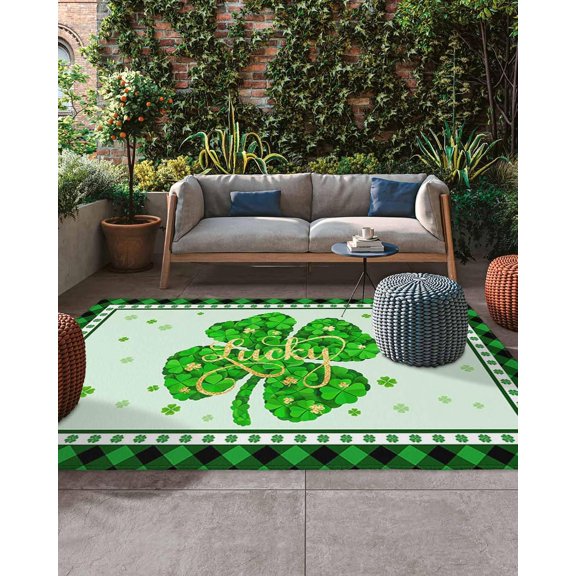 Outdoor Rug 4x6ft, Irish St. Patrick''s Day Lucky Leaf Indoor Area Rug for Patio Backyard Deck Large Floor Mat, Green Black Lattice Non-Slip Outside Carpet Balcony Porch Camping Rugs Picnic Mat