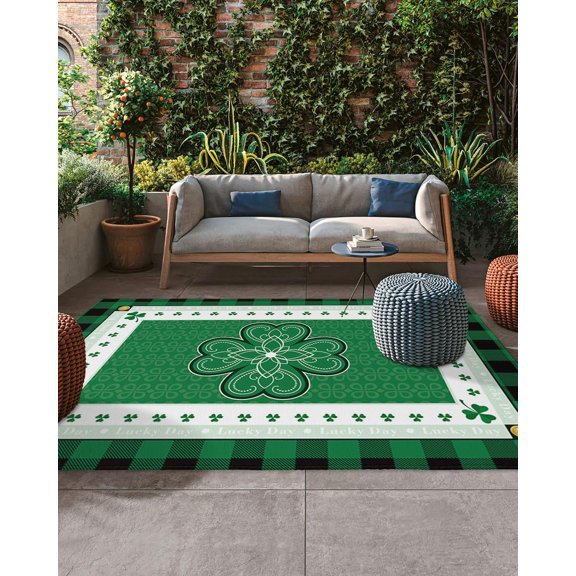 Outdoor Rug 4x6ft, St. Patrick''s Day Celtic Knots Lucky Shamrock Indoor Area Rug for Patio Backyard Deck Large Floor Mat, Buffalo Plaid Non-Slip Outside Carpet Balcony Porch Camping Rugs Picnic Mat