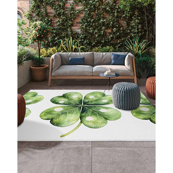Outdoor Rug 4x6ft, St Patrick''s Day Clovers Lucky Leaf Indoor Area Rug for Patio Backyard Deck Large Floor Mat, Green Irish Shamrock Non-Slip Outside Carpet Balcony Porch Camping Rugs Picnic Mat