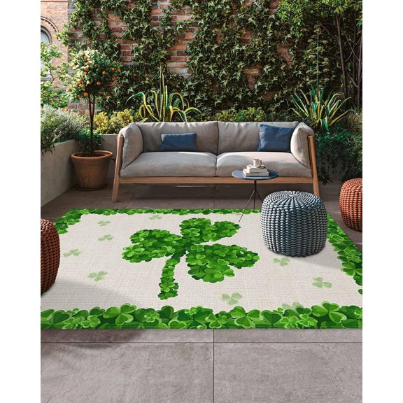 Outdoor Rug 4x6ft, St. Patrick''s Day Lucky Clovers Leaf Indoor Area Rug for Patio Backyard Deck Large Floor Mat, Irish Green Shamrock Non-Slip Outside Carpet Balcony Porch Camping Rugs Picnic Mat