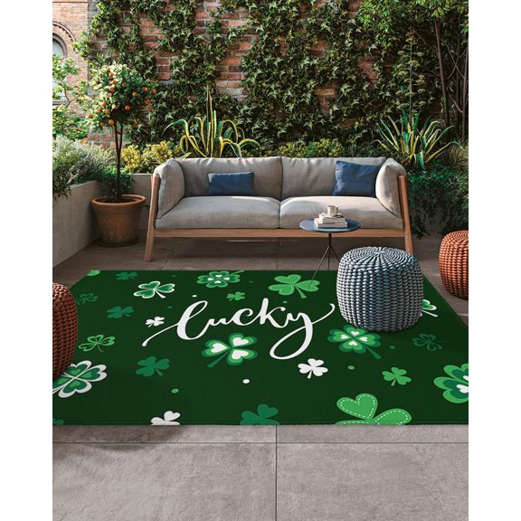 Outdoor Rug 4x6ft, St. Patrick''s Day Lucky Words Indoor Area Rug for Patio Backyard Deck Large Floor Mat, Tri-Leaf Grass Non-Slip Outside Carpet Balcony Porch Camping Rugs Picnic Mat
