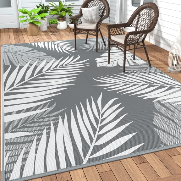 Outdoor Rug 5' X 8' Waterproof For Patiosrance  Reversible Plastic Stcamping Carpet Large Area Rugs Mats Rv Picnicyard Deck Balcony Porch Beach Grey&white
