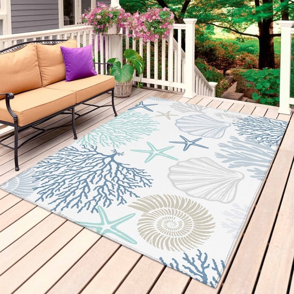 Outdoor Rug 5' x 7', Blue Aqua Grey Coastal Large Carpet Area Rugs for Patio, RV, Deck, Summer Beach Coral Shell Starfish Water Absorption Camping Rug, Lightweight Washable Rugs Runner