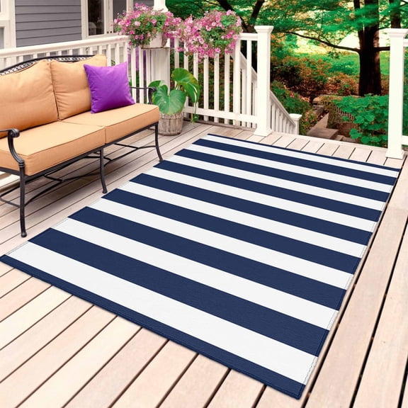 Outdoor Rug 5' x 7', Navy Blue Striped Large Carpet Area Rugs for Patio, RV, Deck, Modern Farmhouse Blue White Stripes Water Absorption Camping Rug, Lightweight Washable Rugs Runner