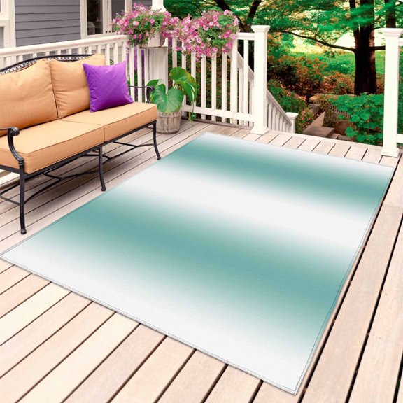 Outdoor Rug 5' x 8', Aqua Teal White Ombre Large Carpet Area Rugs for Patio, RV, Deck, Modern Abstract Art Farmhouse Gradient Water Absorption Camping Rug, Lightweight Washable Rugs Runner