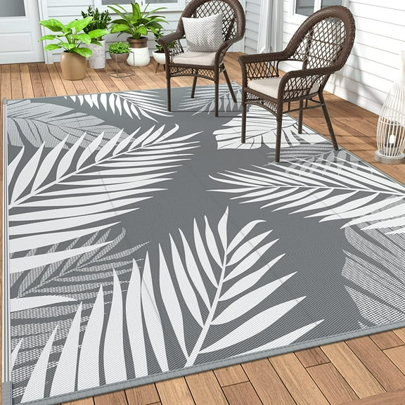 Outdoor Rug 5' x 8' Waterproof for Patios Clearance, Reversible Plastic Straw Camping Carpet, Large Area Rugs Mats for RV, Picnic, Backyard, Deck, Balcony, Porch, Beach, Grey&White
