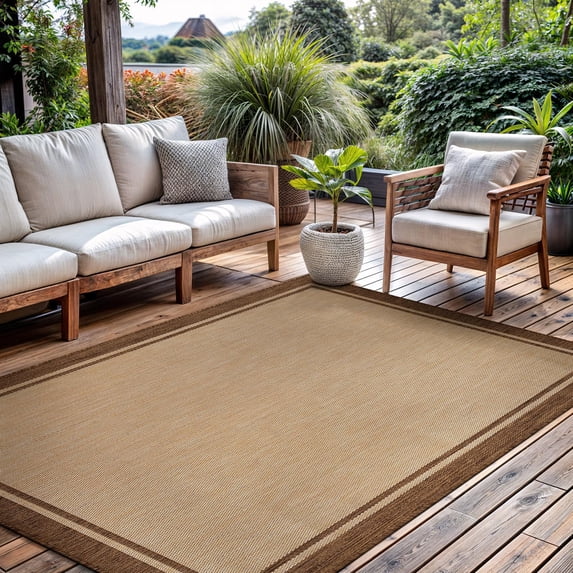 Outdoor Rug 5x7 Bordered Brown Modern Area Rugs For Indoor And Patios Kitchen Hallway Mats Washable Porch Deck Outside Carpet (border Jute 5 X 7)